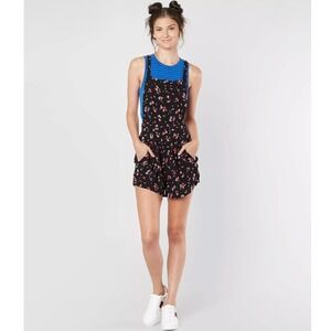 Free People Sweet in the Street‎ Black Floral Overall Shorts Shortalls Romper XS